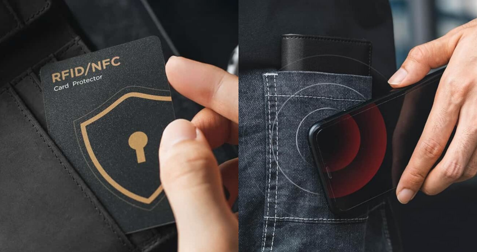 Guardality-style RFID card being placed in a wallet